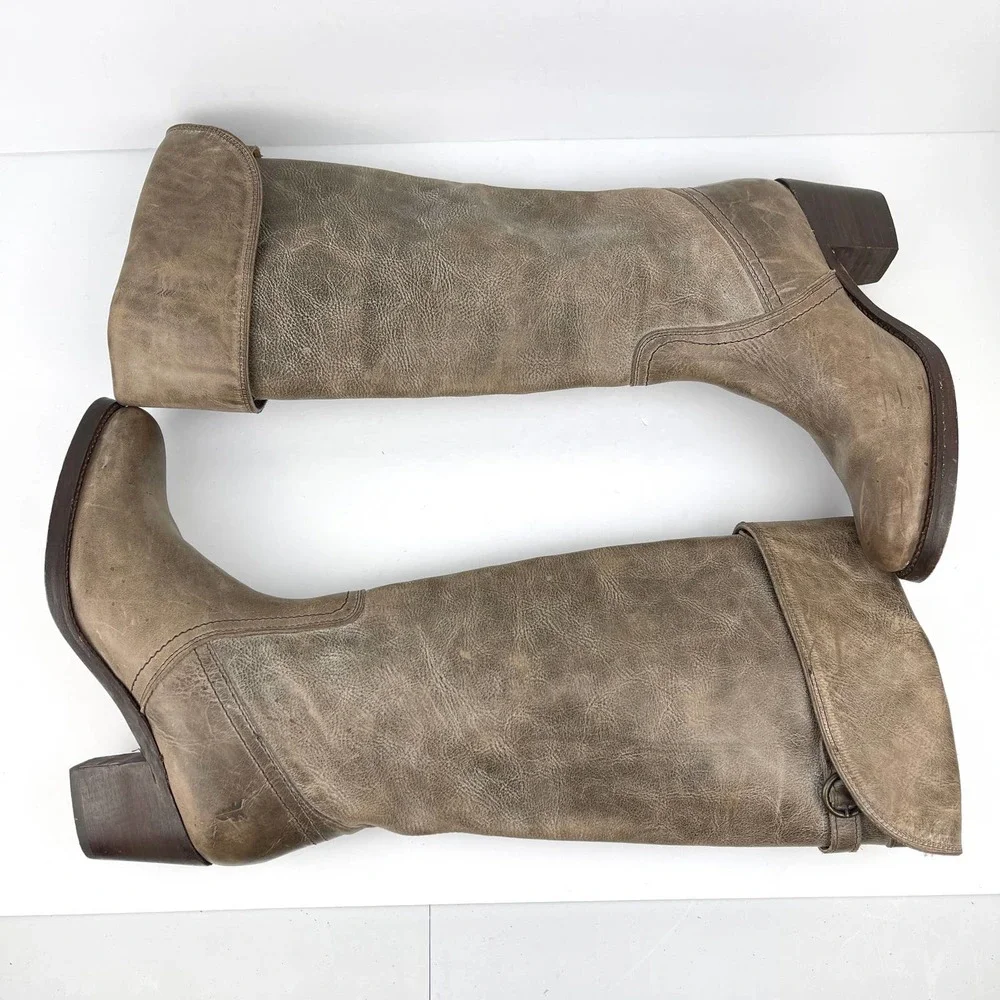 FRYE Jane Tall Cuffed Leather Boot 7.5 Taupe Brown Gray - Picture 5 of 14